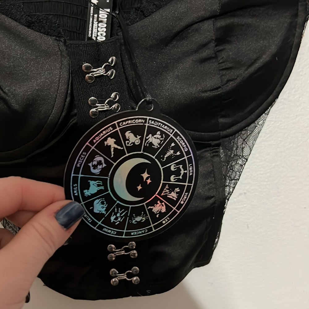 Dolls Kill Horoscopez Pass The Crystals Black Satin Corset Top - Picture 4 of 6